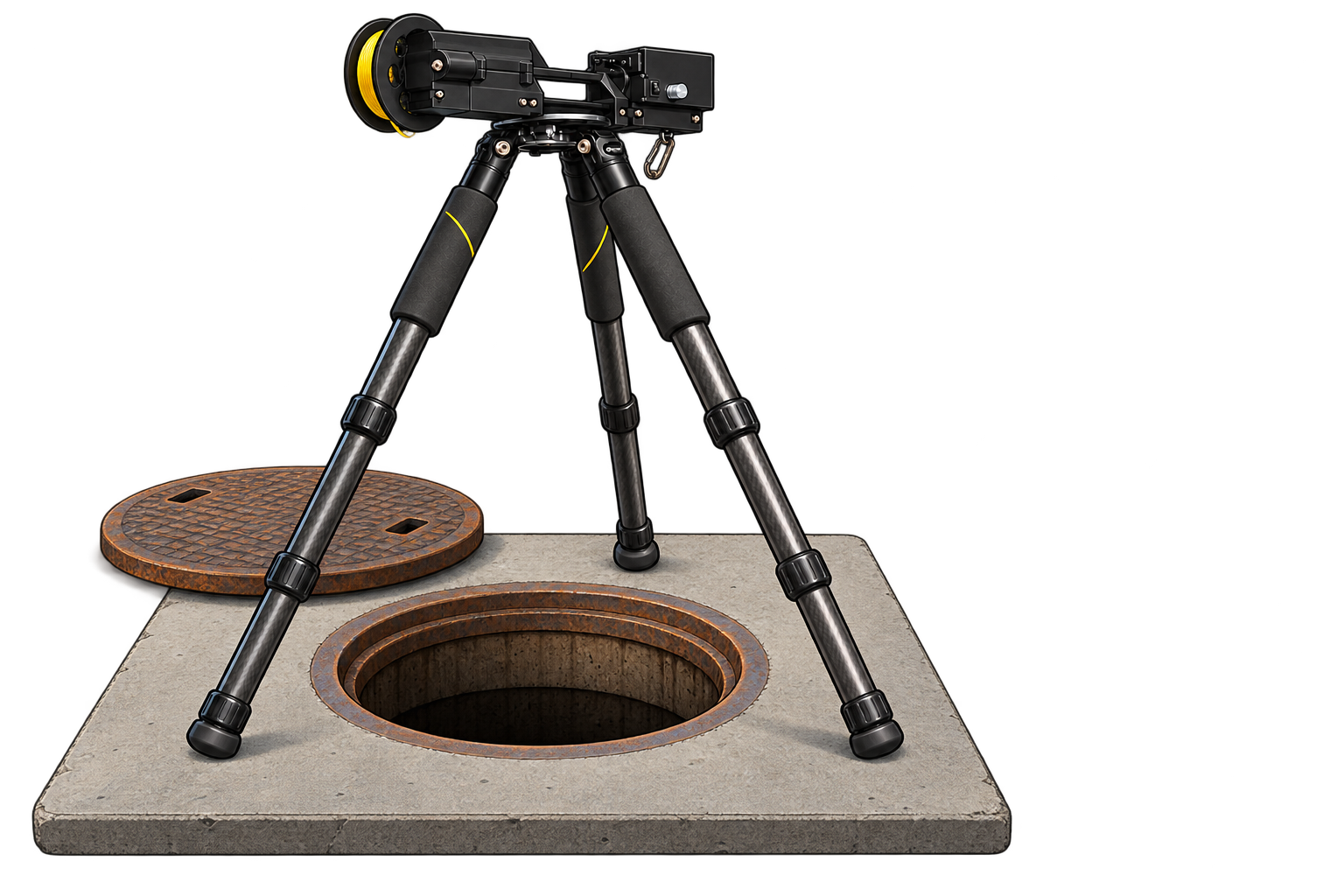 Tripod with motorized lowering rig over an open manhole