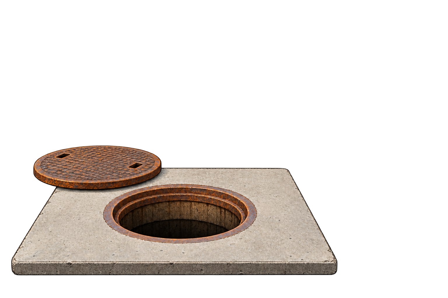Open manhole in a concrete slab, ready for the pole camera