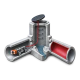 Illustration of connected sewer assets with an orange-headed CCTV crawler, an open manhole, and internal pipe lining.
