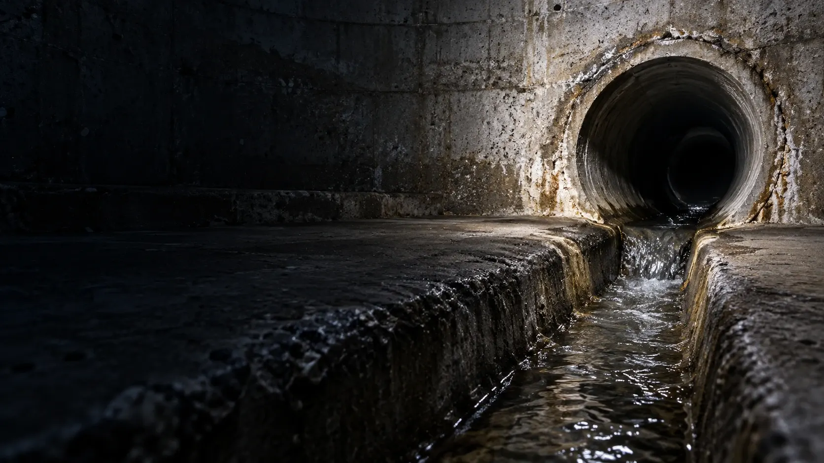Condition illustration of a pipe connection entering a concrete manhole above its formed base channel and bench.