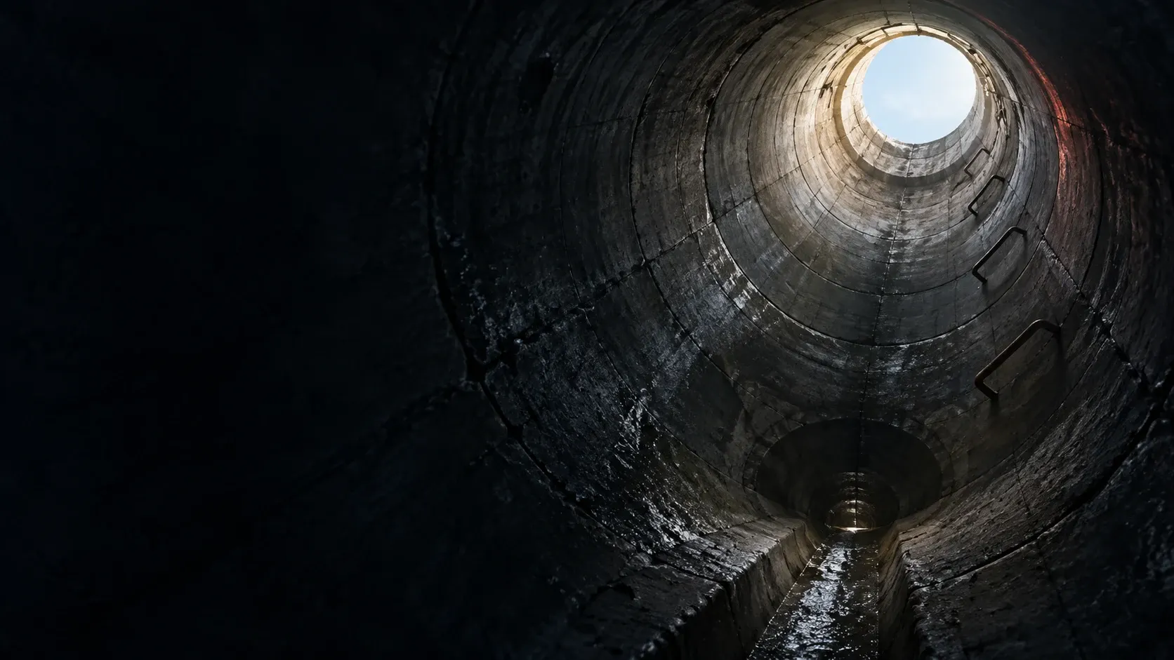 Service illustration of concrete manhole walls, the circular access opening and a base channel.