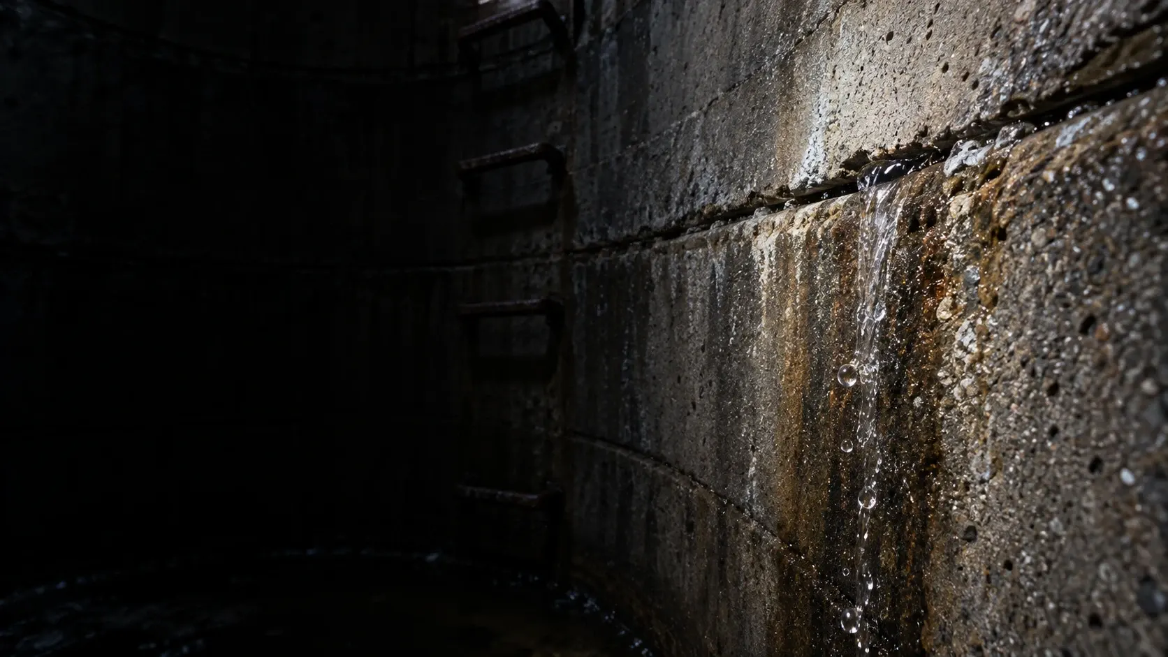 Condition illustration of water entering through a horizontal joint in a concrete manhole wall.