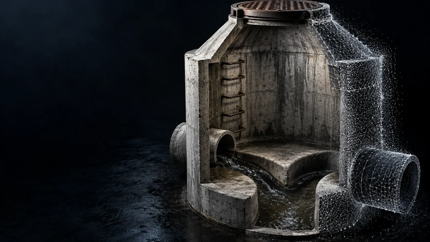3D assessment illustration of a cutaway concrete manhole with part of its wall represented as a point cloud.