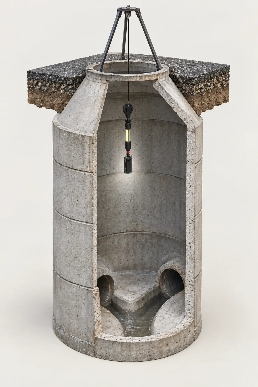 Cutaway illustration of a panoramic camera below a vertical LED light inside a concrete manhole, showing wall joints, pipe connections, channel and bench.