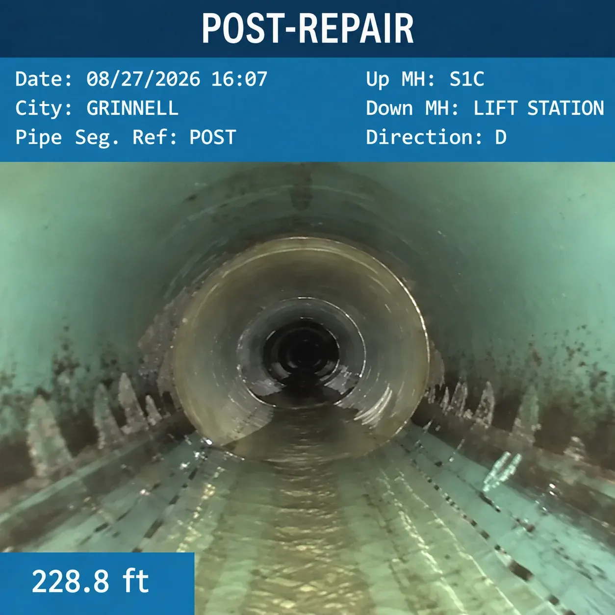 Grinnell post-repair CCTV frame showing the installed internal repair with a displayed distance of 228.8 feet.