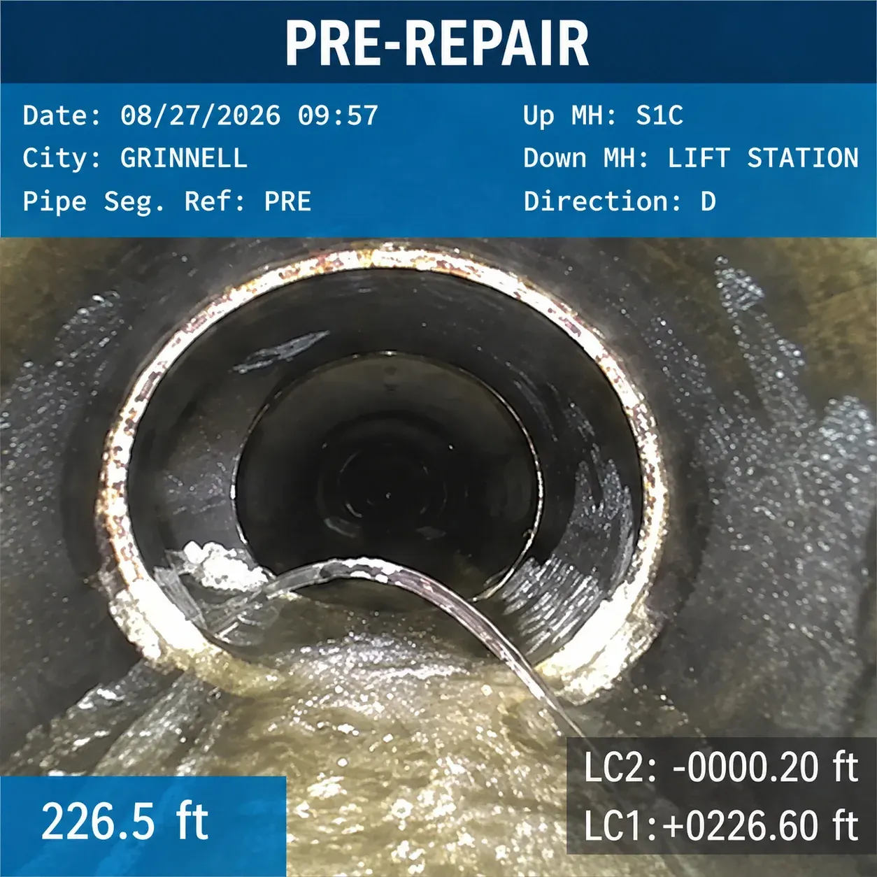 Grinnell pre-repair CCTV frame showing a damaged pipe opening with a displayed distance of 226.5 feet.