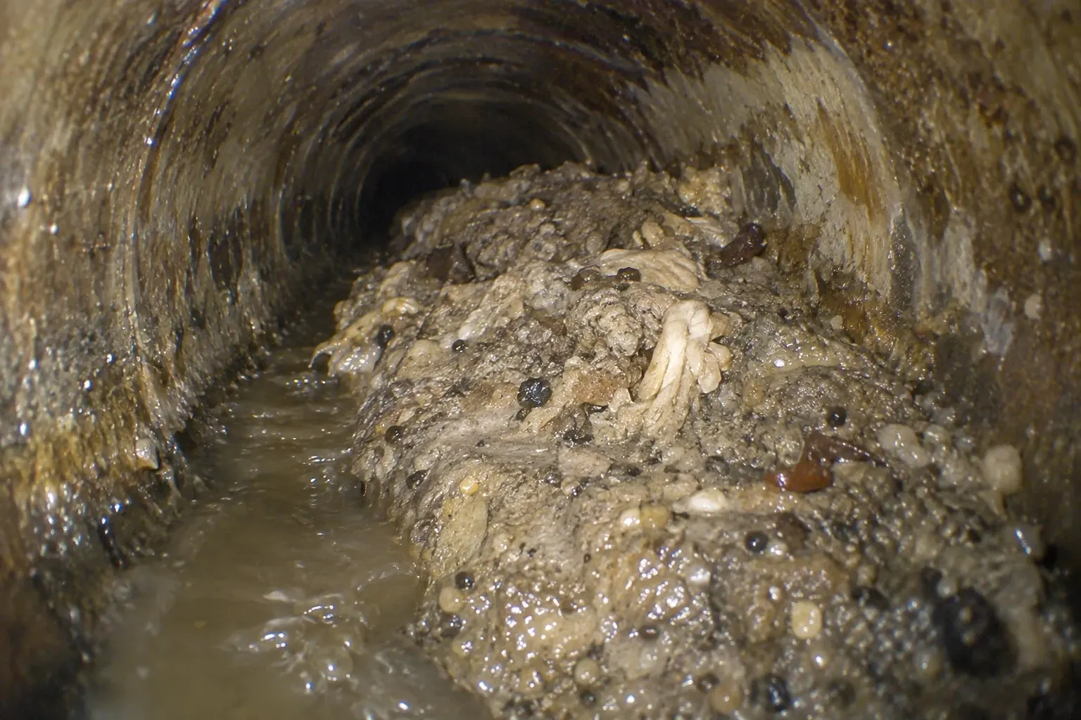 A condition illustration shows a bank of grease, sediment, and fibrous debris restricting a sewer pipe.