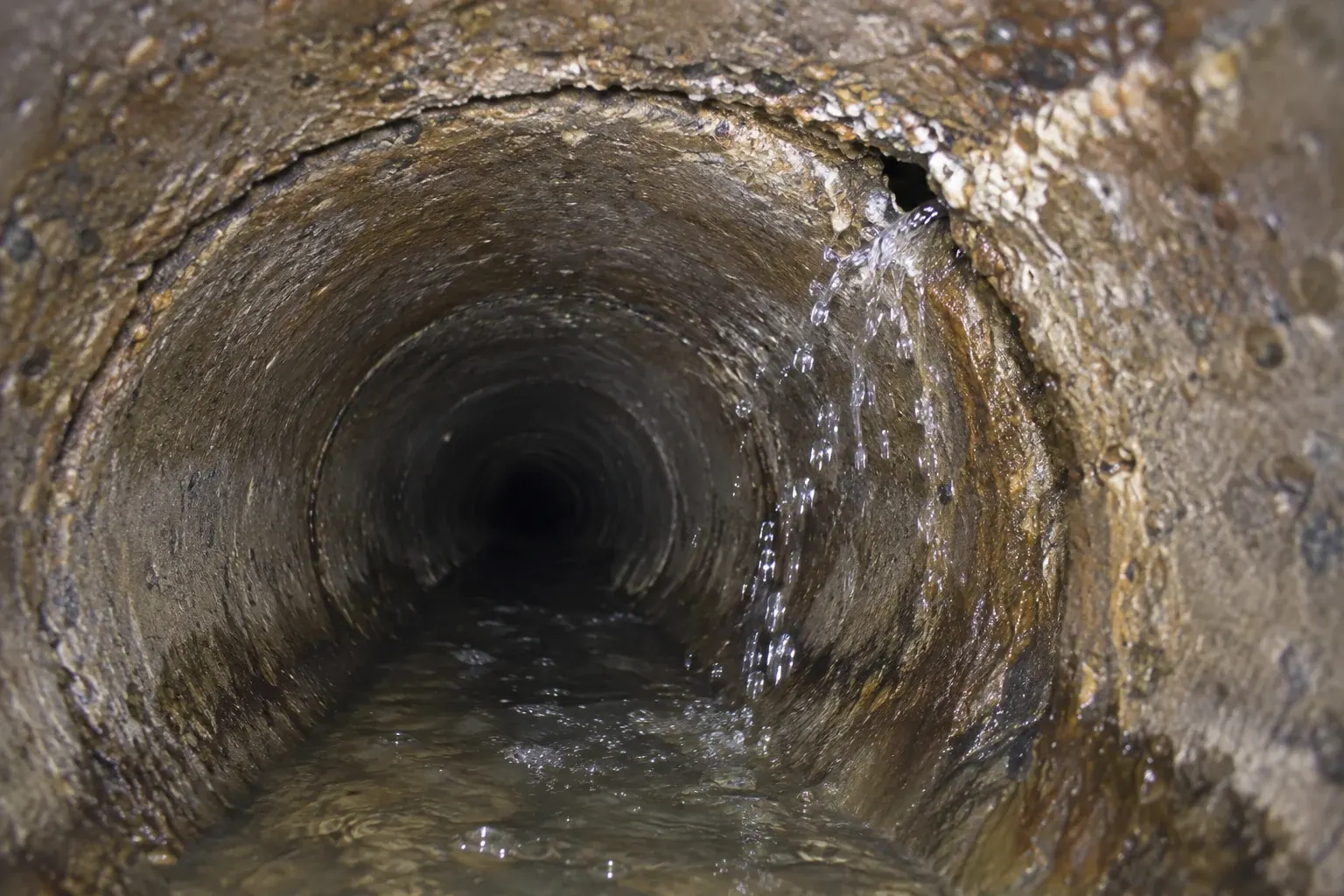 A condition illustration shows water entering through an open sewer pipe joint and falling down the wall.