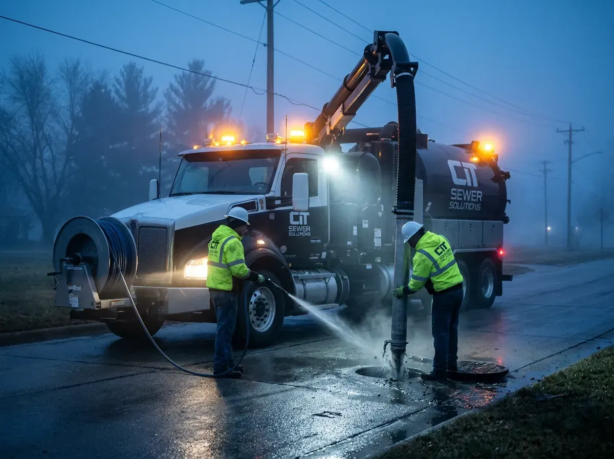 An illustration of a hydro excavation crew working beside a vacuum truck on a wet street at night.