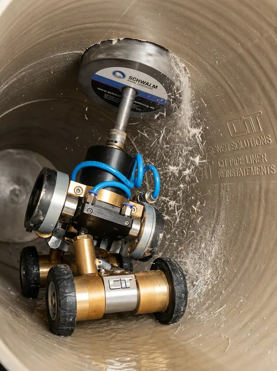 An illustration of a robotic cutting head working against a protruding connection inside a pipe.