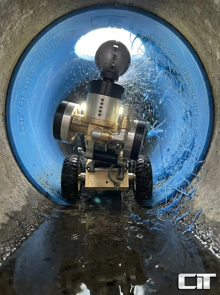 An illustration of a robotic cutter positioned inside a lined pipe to remove an obstruction.