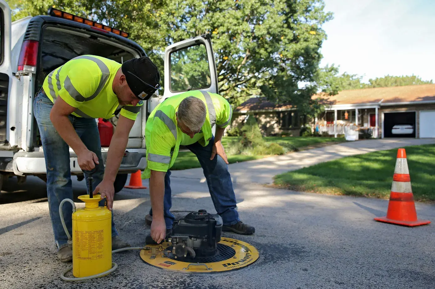 Two CIT technicians operate a smoke-testing blower at a manhole in a residential street.