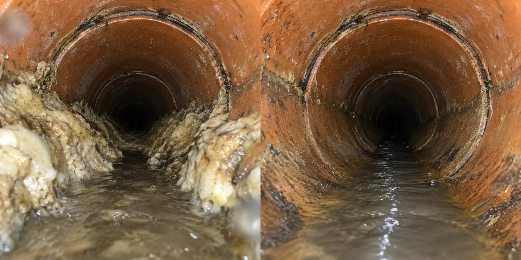 Condition illustration: grease before removal at left and after grease removal at right, with the original pipe surface and joints retained.