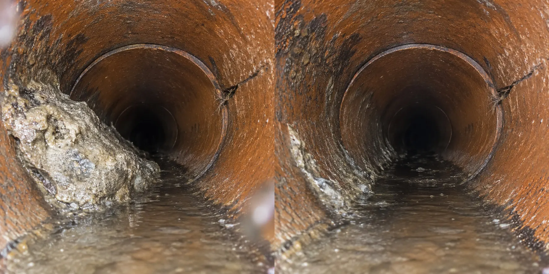 Condition illustration: hard deposits before removal at left and after specialized cutting at right, with the original pipe surface and joints retained.