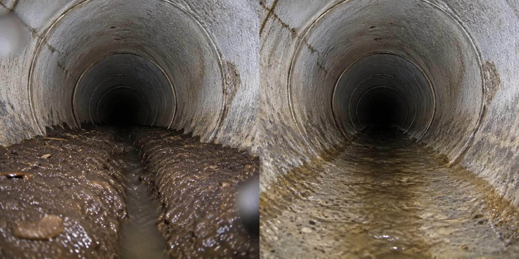 Condition illustration: organic sediment before removal at left and after deposit removal at right, with the original pipe surface and joints retained.