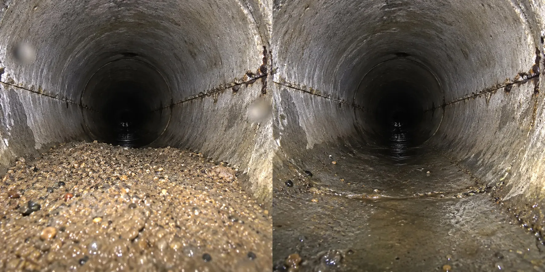 Condition illustration: sand grit before removal at left and after sediment removal at right, with the original pipe surface and joints retained.