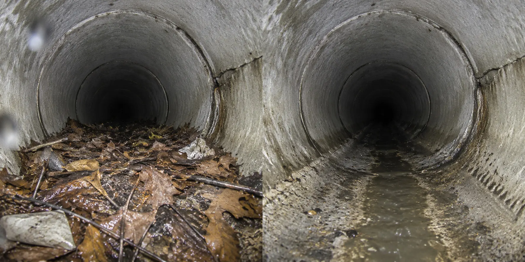 Condition illustration: storm debris before removal at left and after debris removal at right, with the original pipe surface and joints retained.