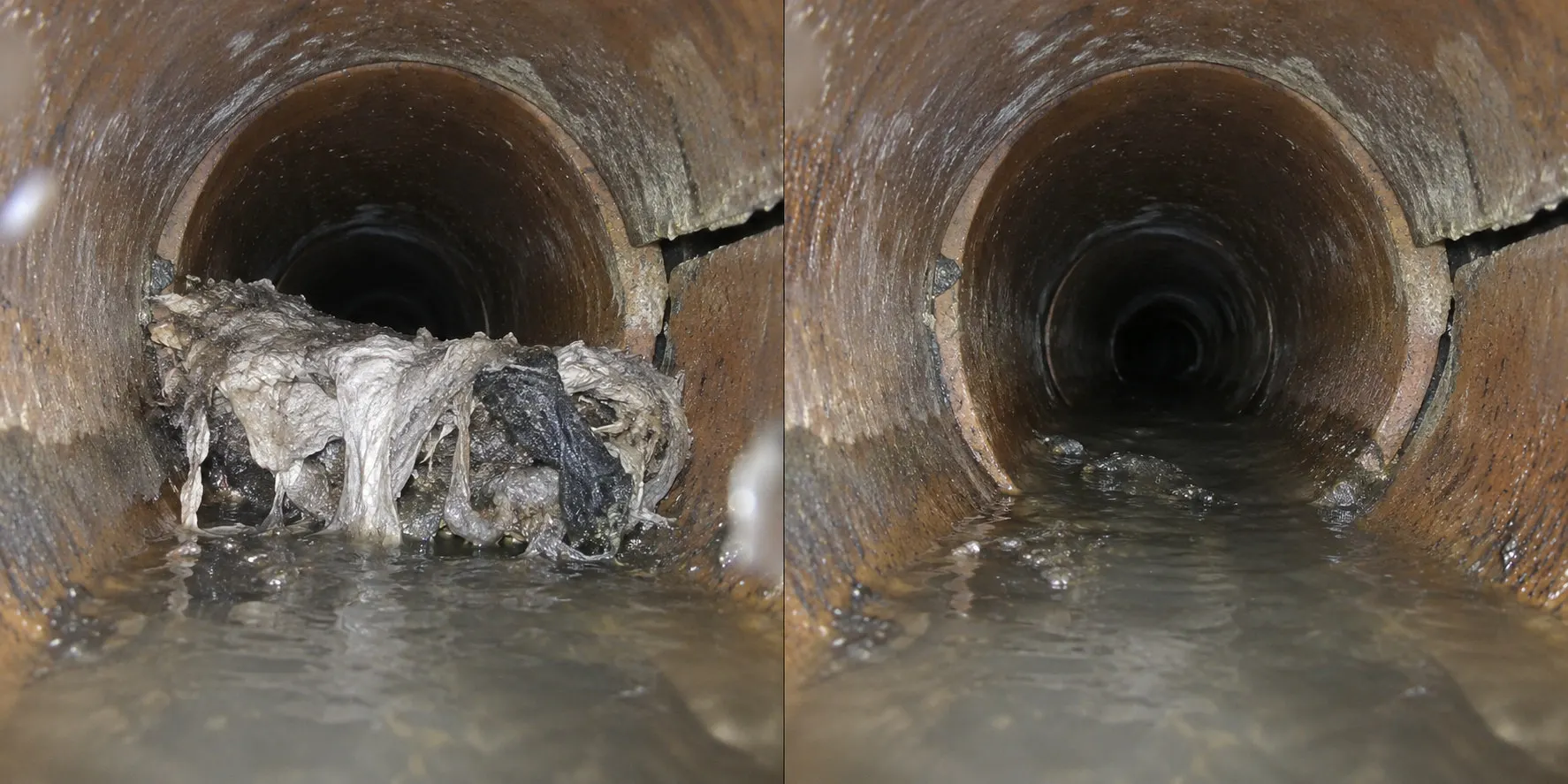 Condition illustration: wipes rags before removal at left and after debris removal at right, with the original pipe surface and joints retained.