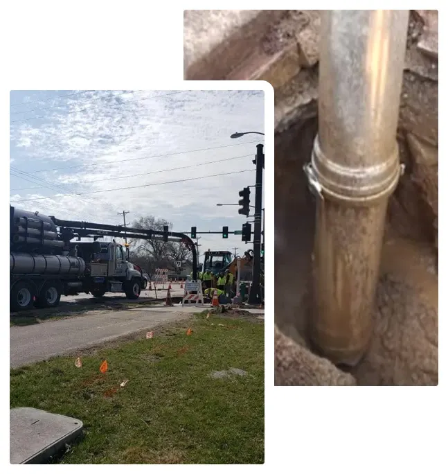 Two original photographs show a CIT vacuum truck beside a barricaded street work area and a vacuum intake inside an excavation.