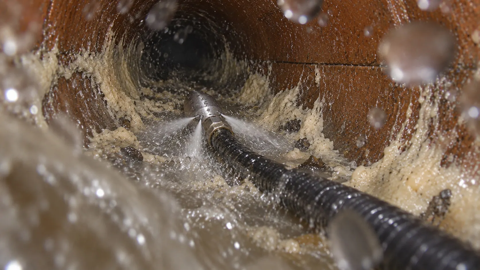 Service illustration: The nozzle flushes loosened grease back along the pipe toward an accessible recovery point.