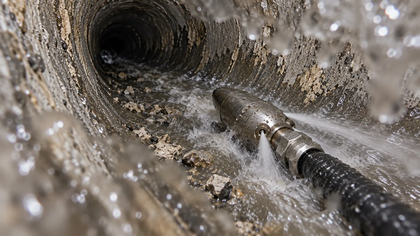 Service illustration: After specialized cutting, the nozzle flushes loosened mineral fragments. Ordinary jetting does not remove every hardened deposit.