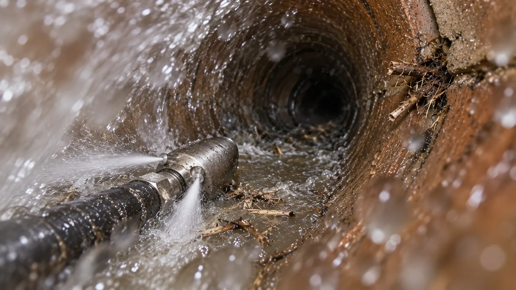 Service illustration: After root cutting, the nozzle flushes severed fragments. The entry joint still needs assessment.