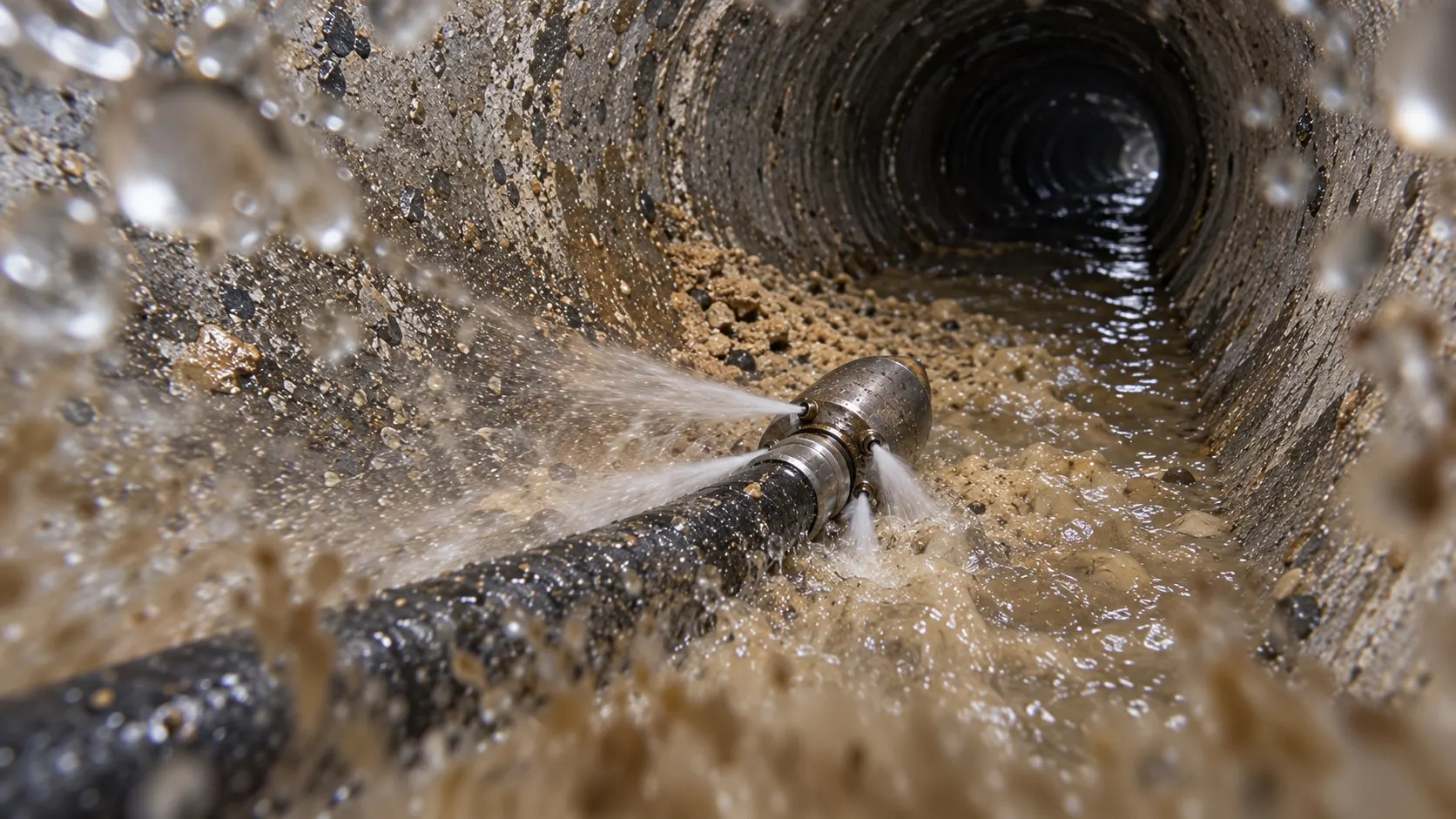 Service illustration: Rearward jets move loose sand and grit along the sewer invert.