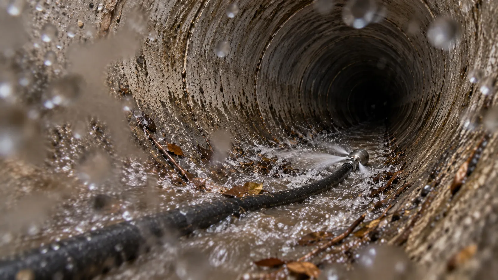 Service illustration: The nozzle flushes loose leaves, small twigs and sediment from the storm sewer.