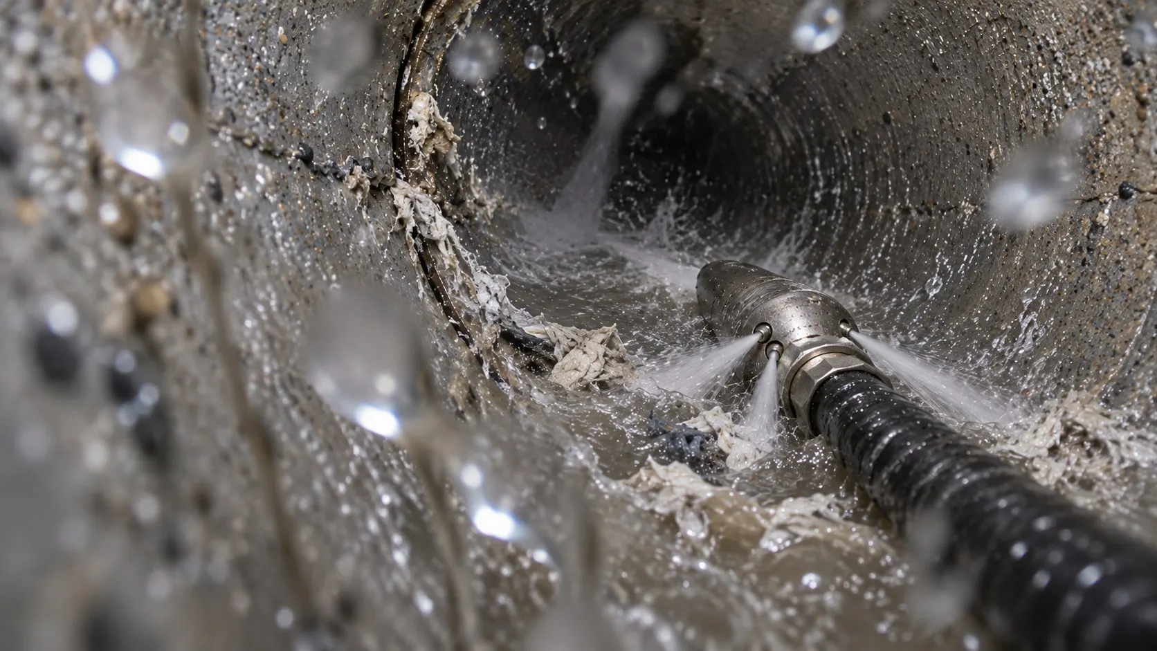 Service illustration: The nozzle flushes loosened fibrous debris; material caught at a defective joint may need further removal.