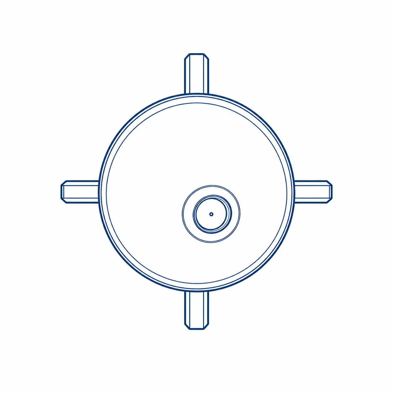 Dark-blue front elevation of the same nozzle, with its single forward jet opening and four stabilizer fins visible behind the head.
