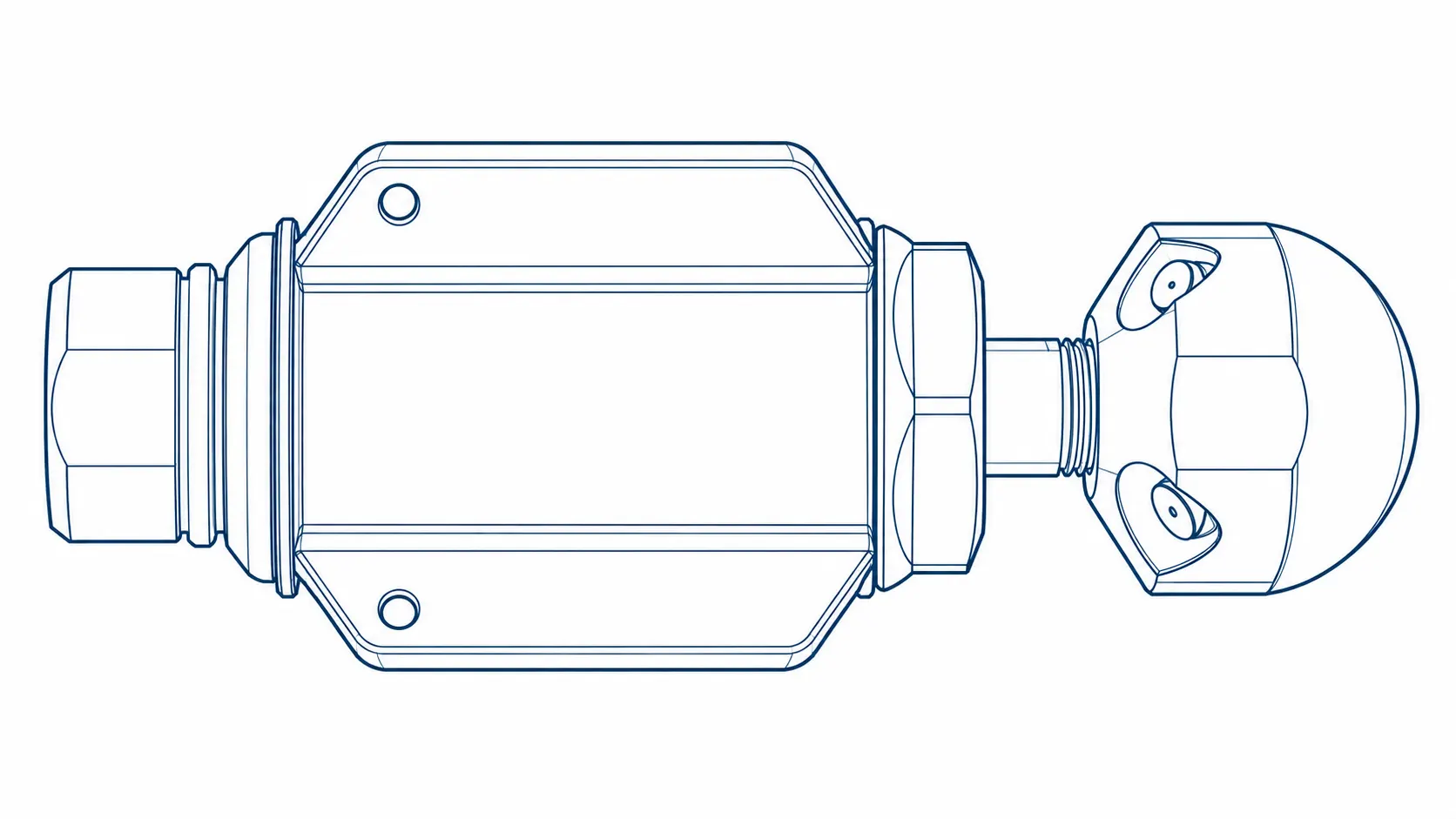 Dark-blue orthographic side illustration of a Warthog WG Classic nozzle, showing the rear inlet, stabilizer body, shaft and rounded rotating head.