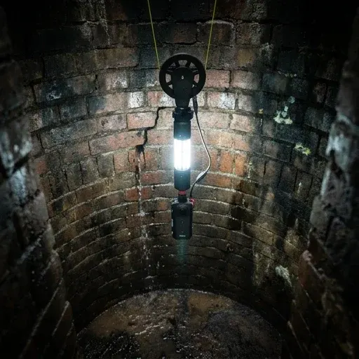 Camera and light suspended beside the brick walls inside a manhole.