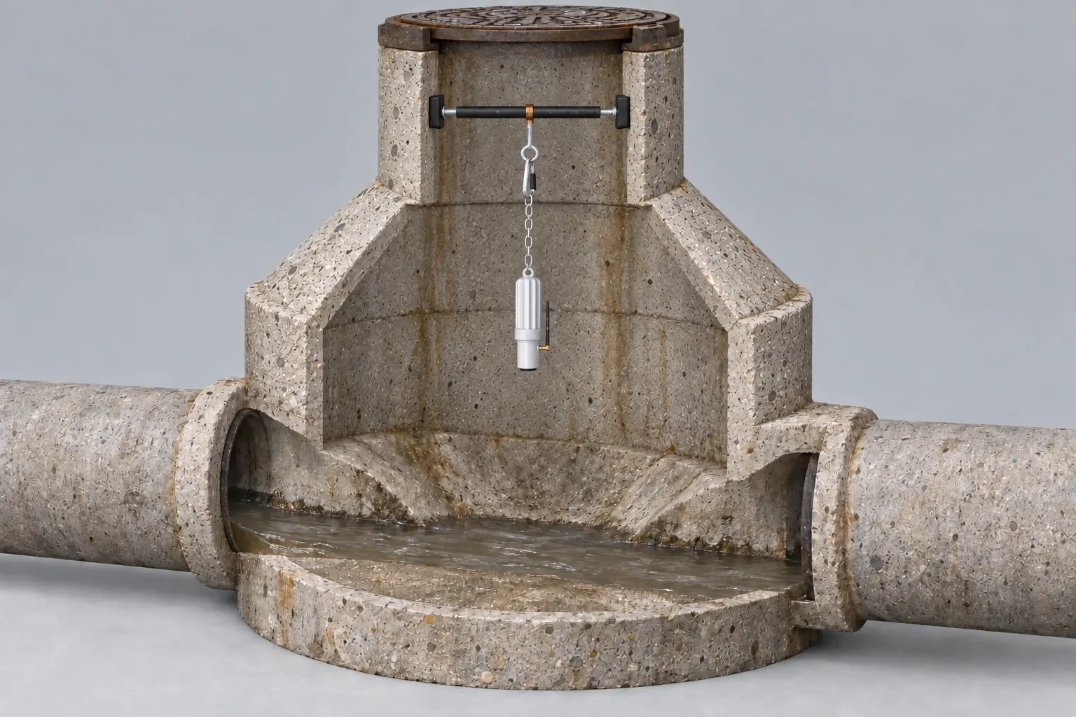Cutaway illustration of an Eastech iTracker suspended by a chain and eyelet from a padded expansion bar across the straight manhole neck, above the wastewater channel.