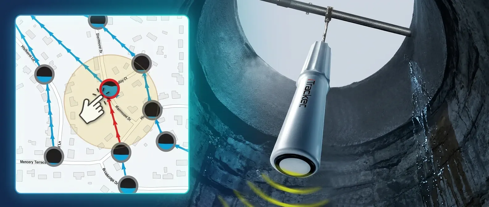 Illustration of a monitor suspended in a manhole alongside a map of connected sewer monitoring locations.