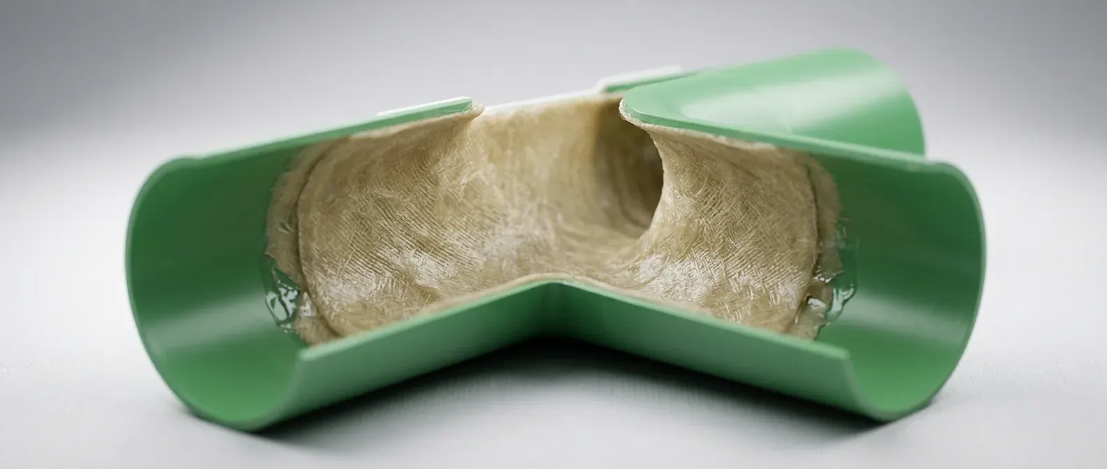 Branch connection cutaway showing a liner across the main-to-lateral junction in green sewer pipe.