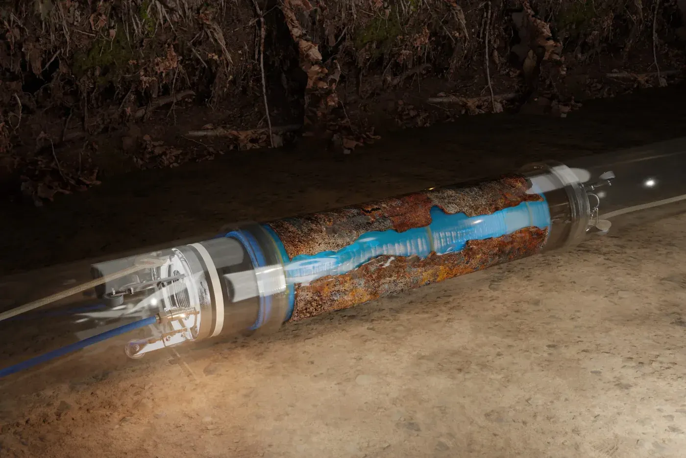 Cutaway illustration of installation equipment holding a short repair liner across a damaged section of straight sewer pipe.