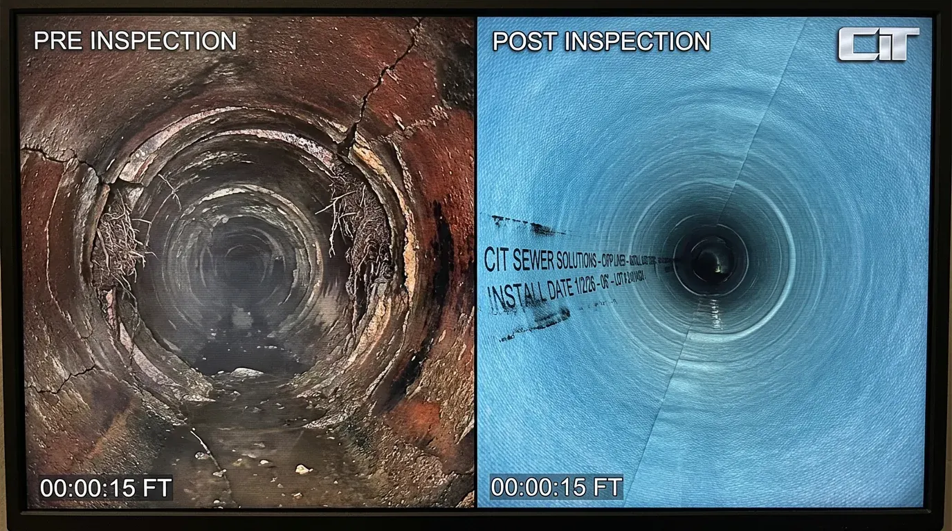 Side-by-side illustration of a cracked, root-affected sewer interior and a run with a new inner liner.
