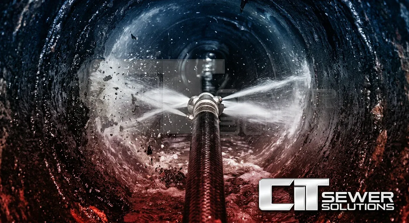 An illustration of a hose-fed nozzle directing water jets against the inside of a sewer pipe.