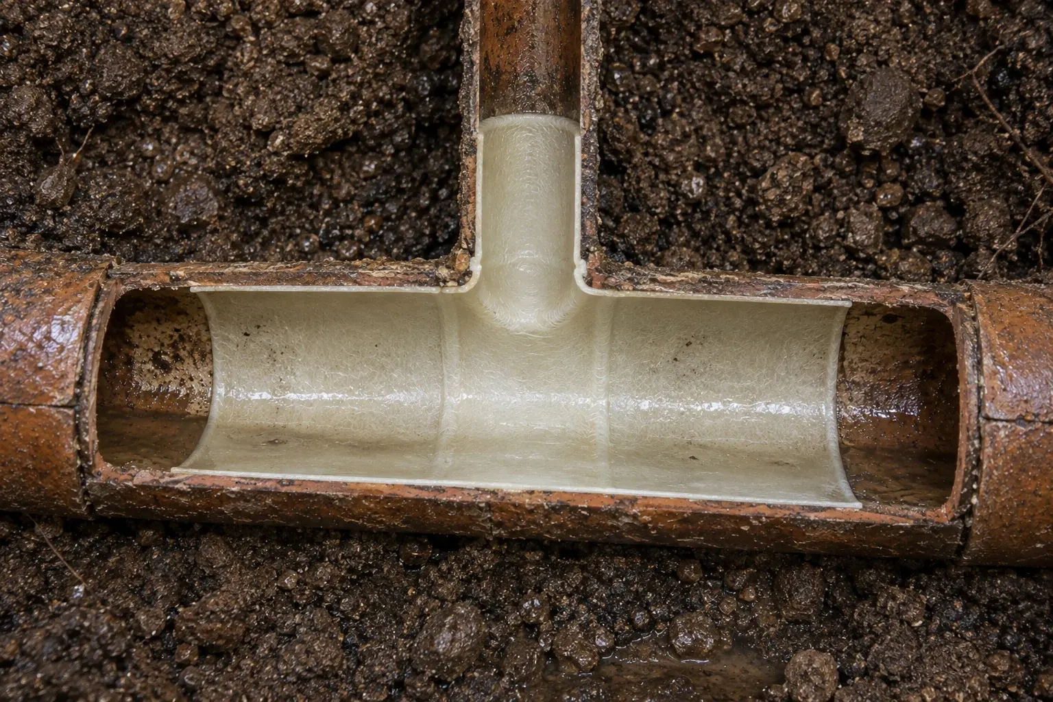 Repair illustration showing a thin connection liner inside a deteriorated clay sewer main and tee junction.