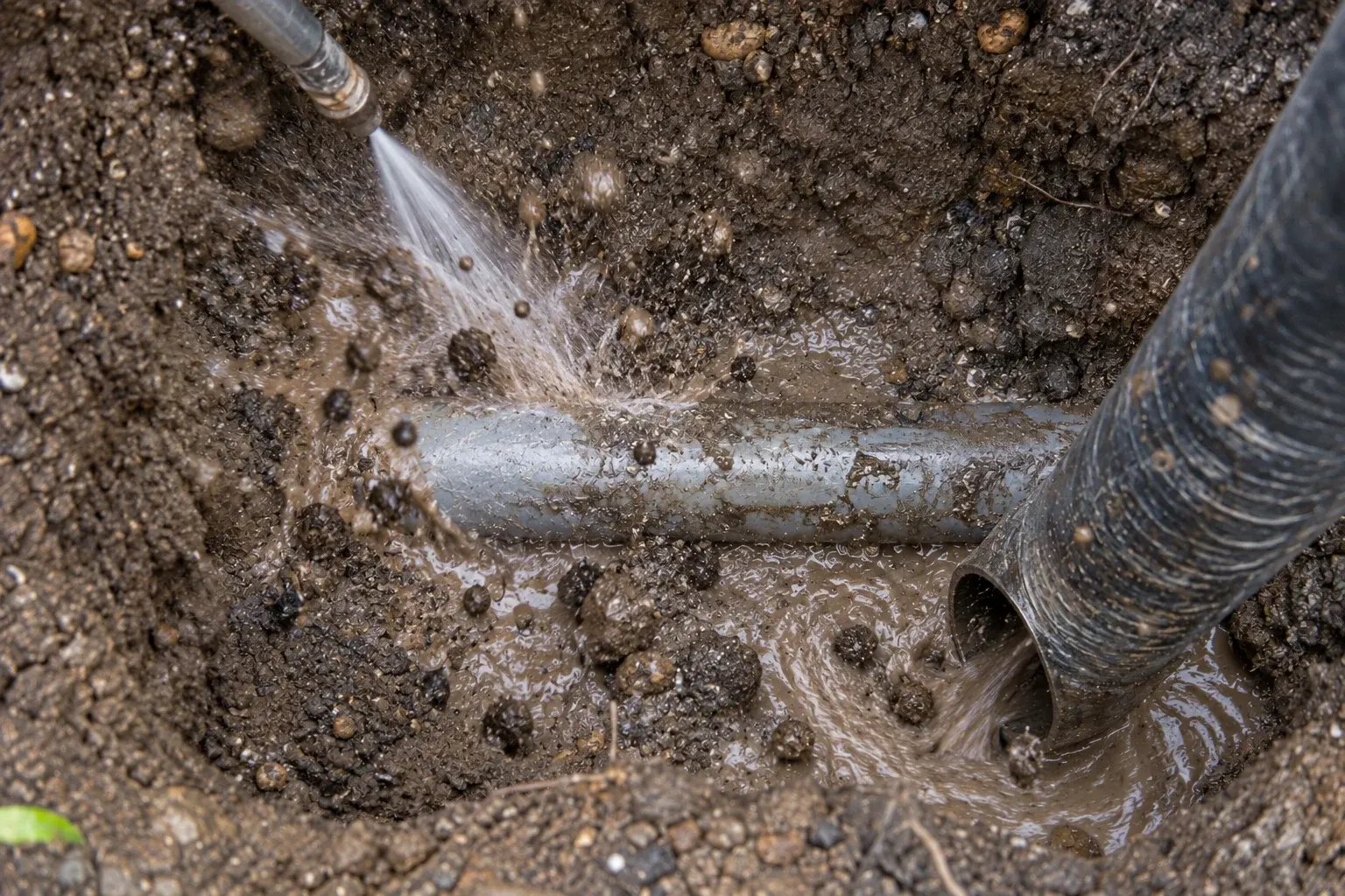 Overhead view of water spray exposing a buried pipe while a vacuum tube draws in muddy slurry.