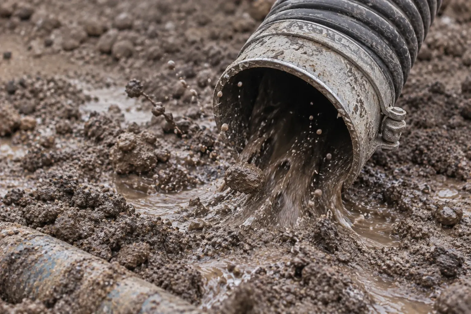 Close-up of mud and loosened earth entering the open mouth of a vacuum suction tube.
