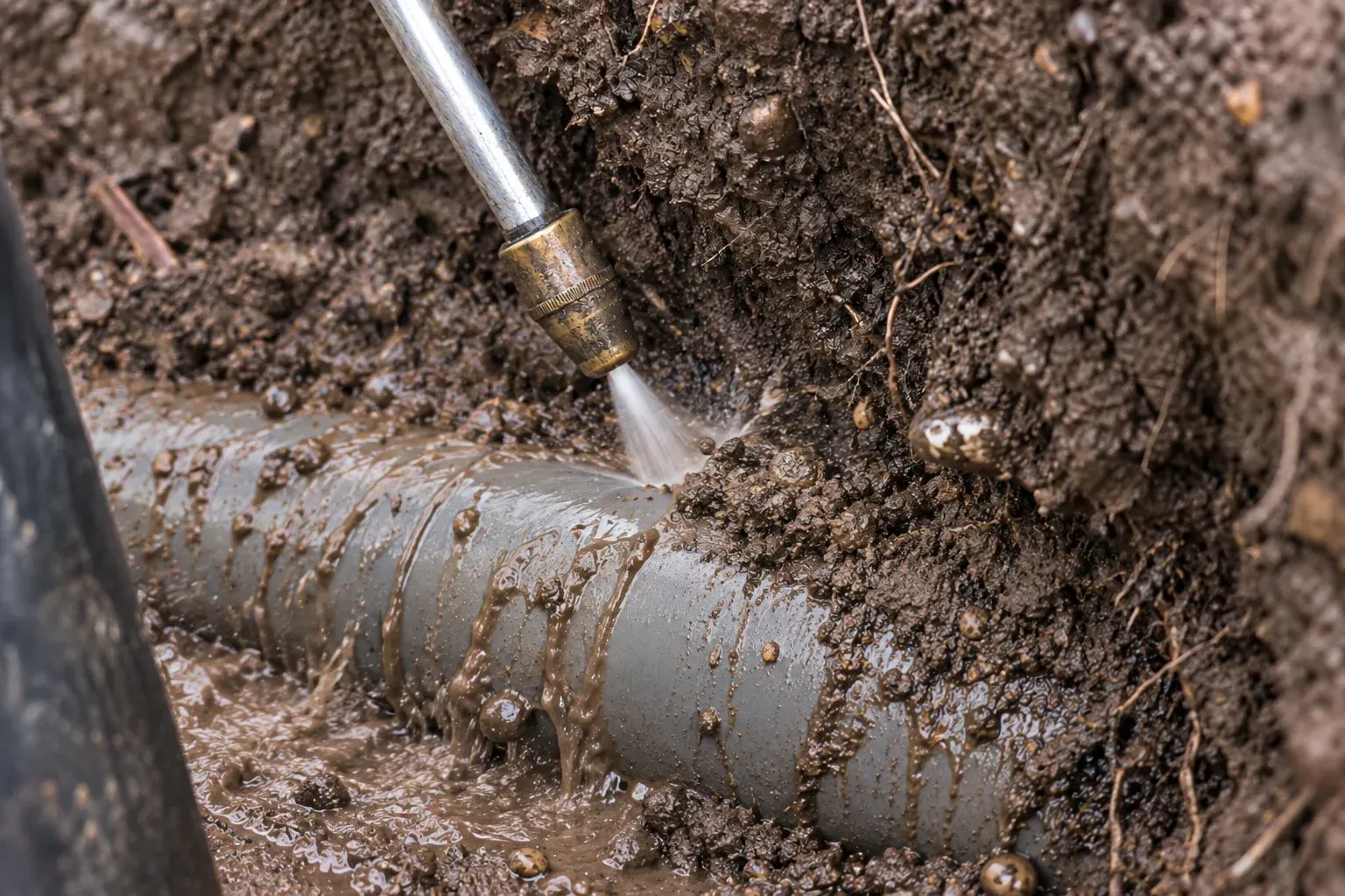Water spray washes soil from a buried pipe, with muddy splashes and runoff.