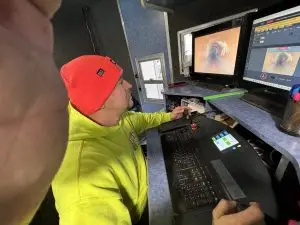 Sewer televising operation documenting pipe conditions for asset management.