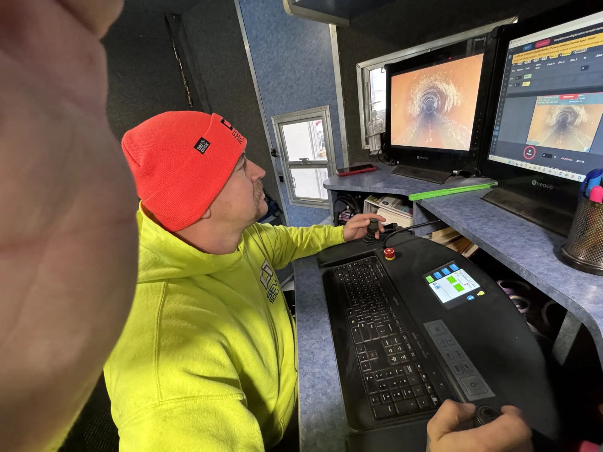 Sewer televising operation documenting pipe conditions for asset management.