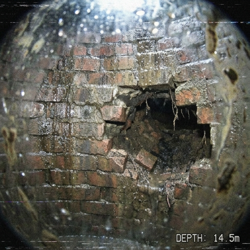 Large opening and missing brick section inside a manhole